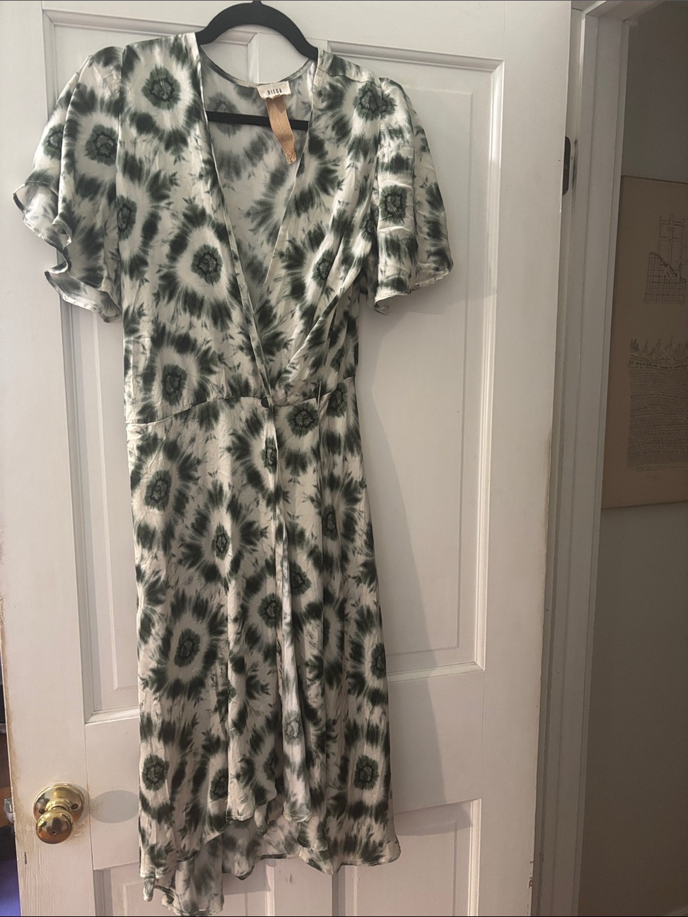 Diego Batik Pattern Olive and White Asymmetric Flutter Sleeve Wrap Dress